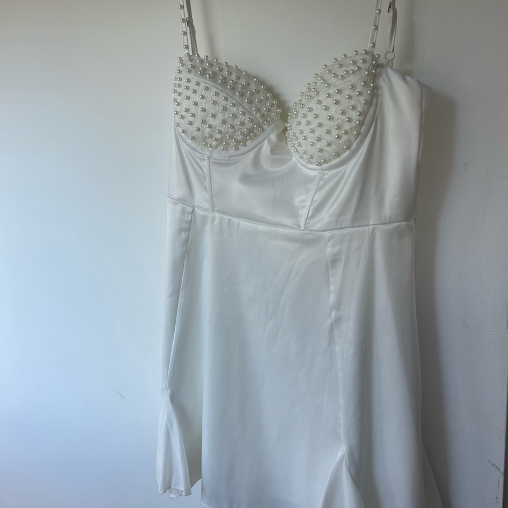 Chic White Satin Mini Dress with Pearl Accents
